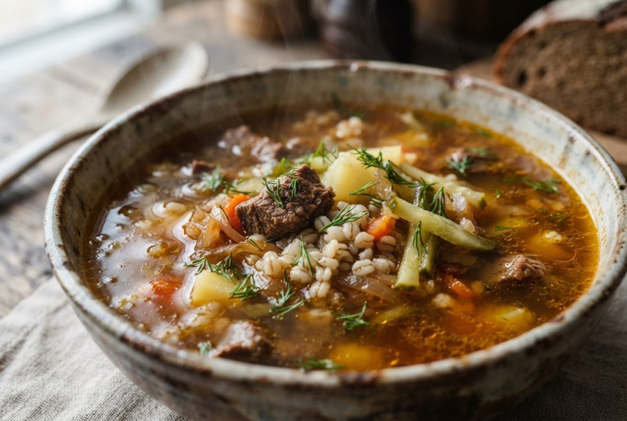 Классический рассольник с говядиной, перловкой и огурцами