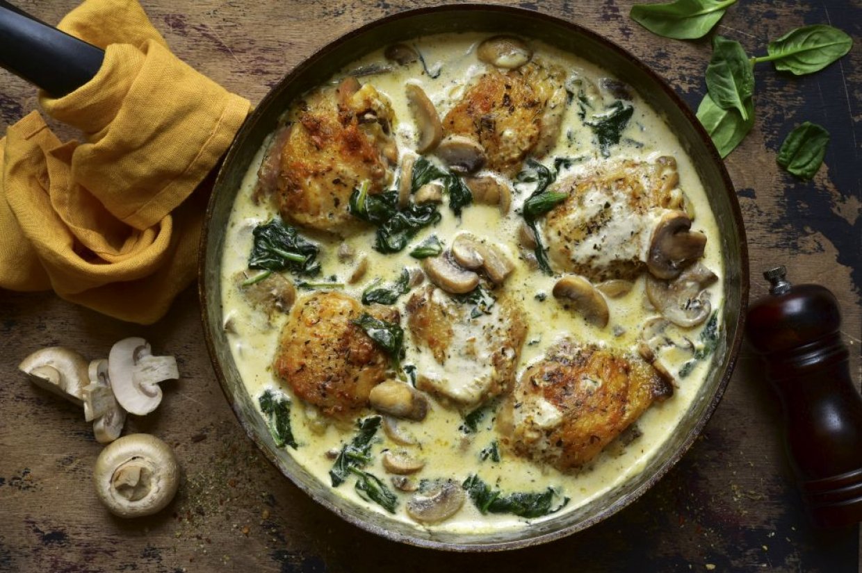 Индейка, тушенная в сметанном соусе с шампиньонами и шпинатом Индейка, тушенная в сметанном соусе с шампиньонами и шпинатом