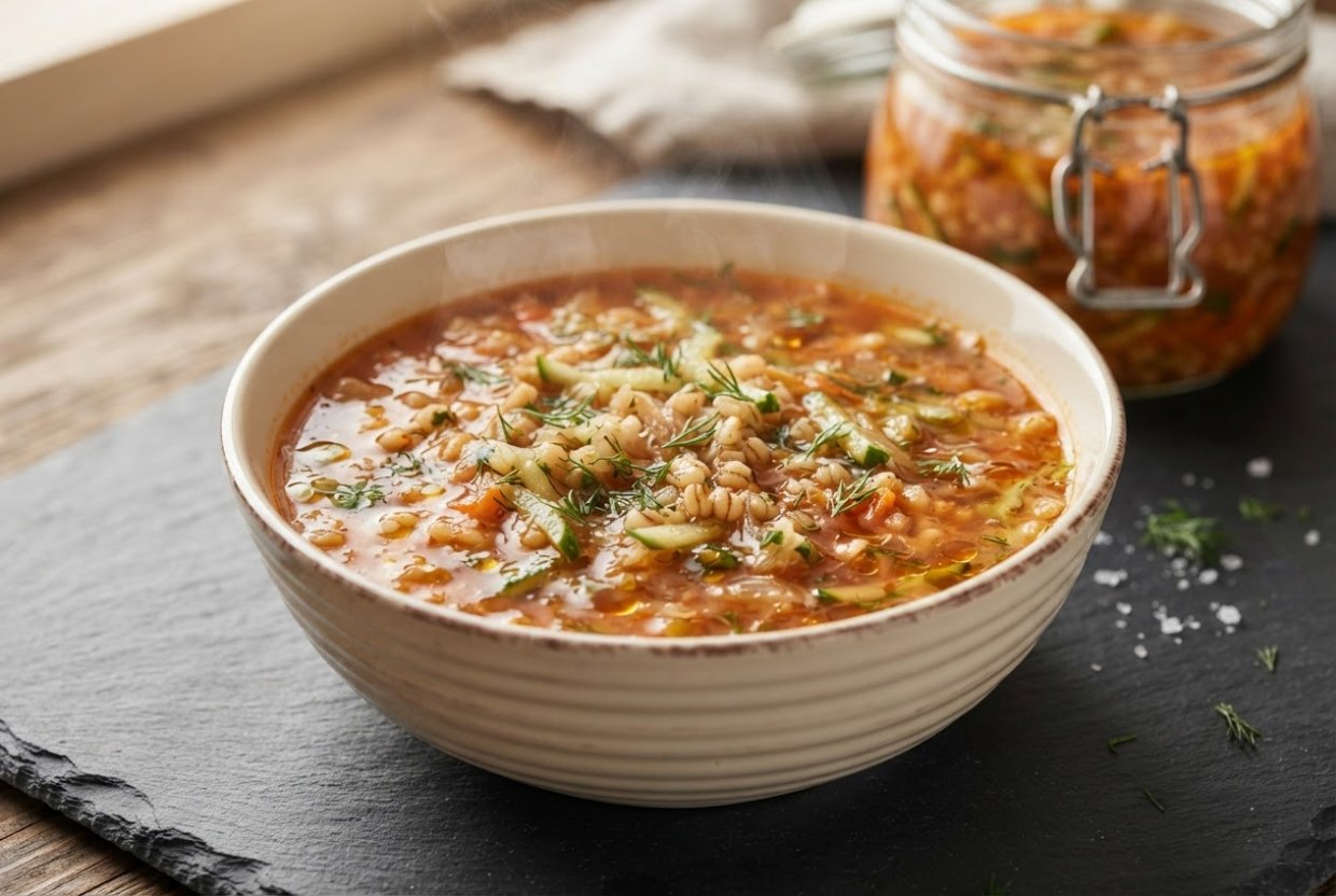 Рассольник с перловкой, свежими огурцами и томатной пастой на зиму