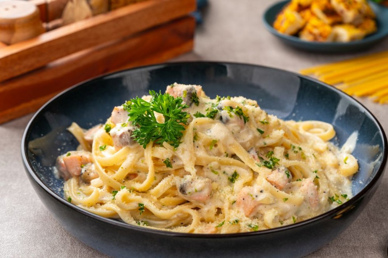 Паста карбонара с курицей и грибами Паста карбонара с курицей и грибами