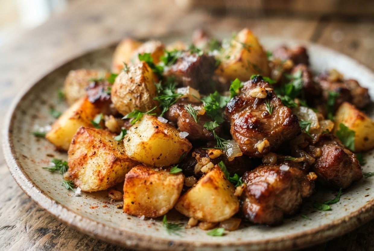 Жареная картошка с мясом в аэрогриле
