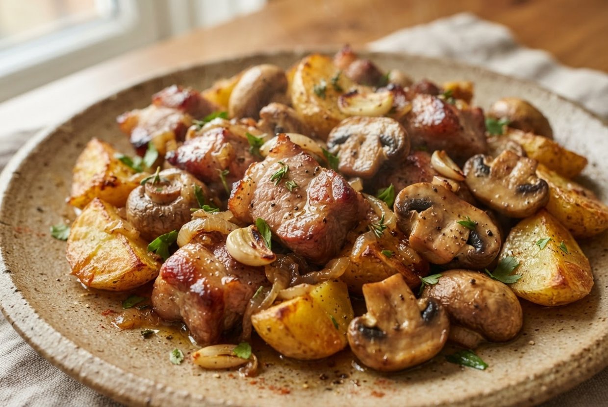 Картошка с грибами и мясом в аэрогриле