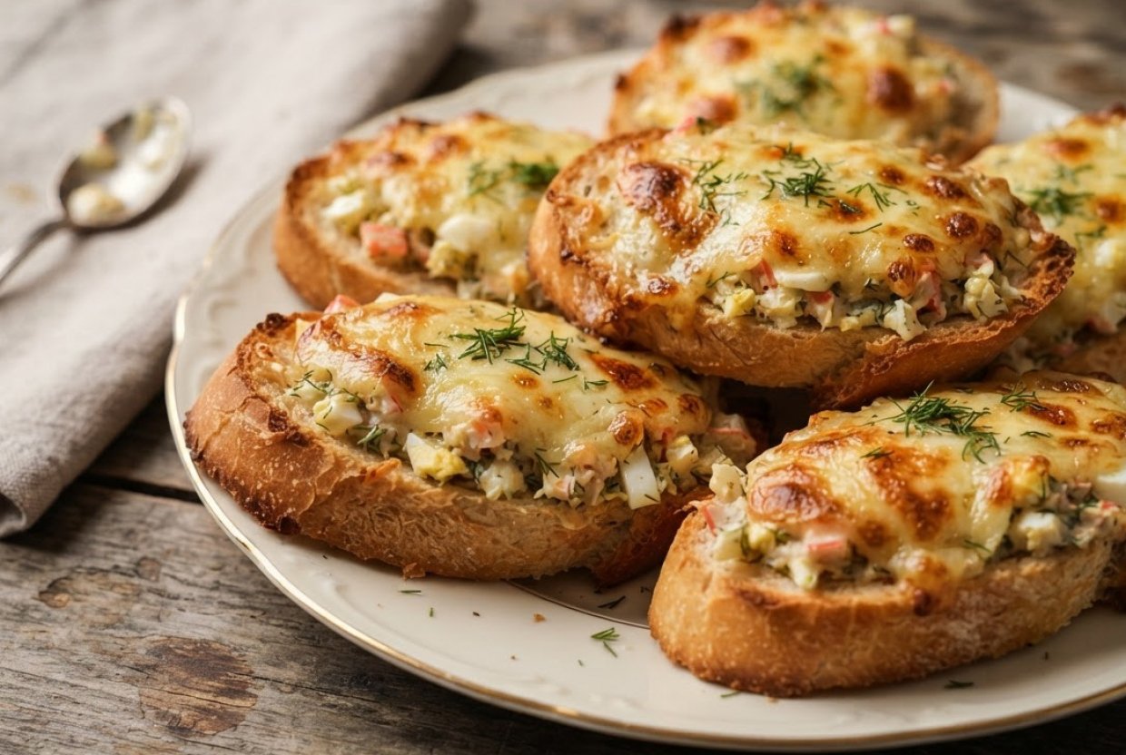 Горячие бутерброды с крабовыми палочками, яйцом и сыром в духовке