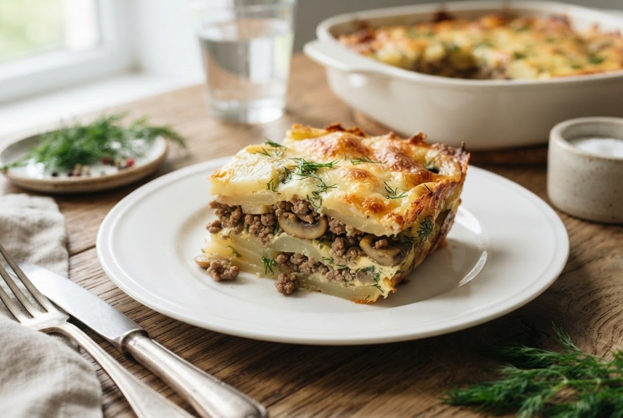 Картофельная запеканка с фаршем и грибами в аэрогриле