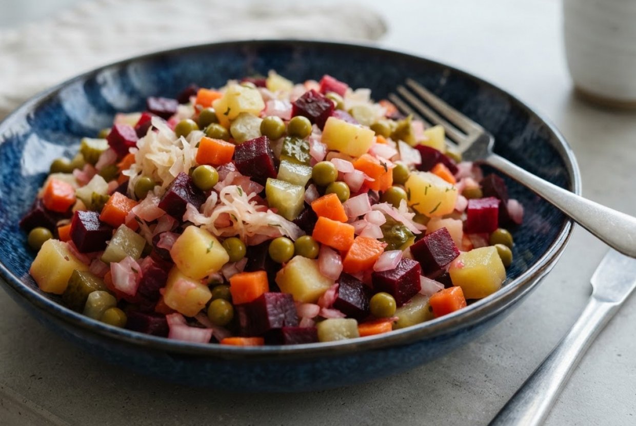 Винегрет классический с горошком, солеными огурцами и квашеной капустой