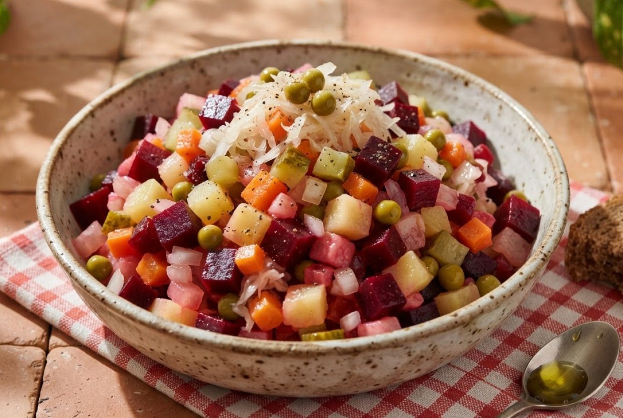 Винегрет классический с квашеной капустой и солеными огурцами