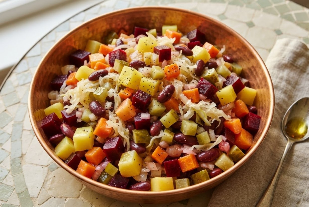 Винегрет с фасолью, квашеной капустой и солеными огурцами