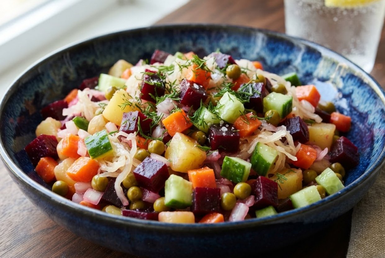 Винегрет со свежим огурцом и квашеной капустой
